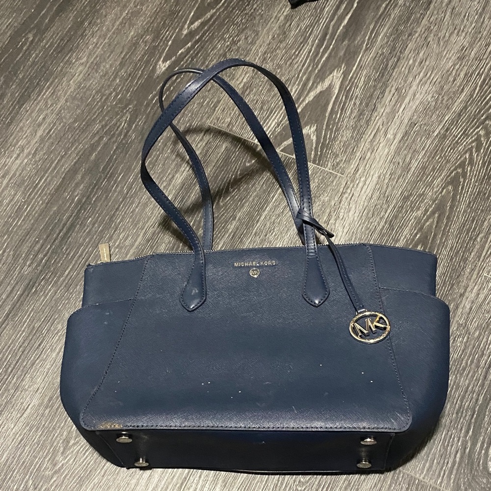 Michael Kors Navy Leather Tote with MK Charm
